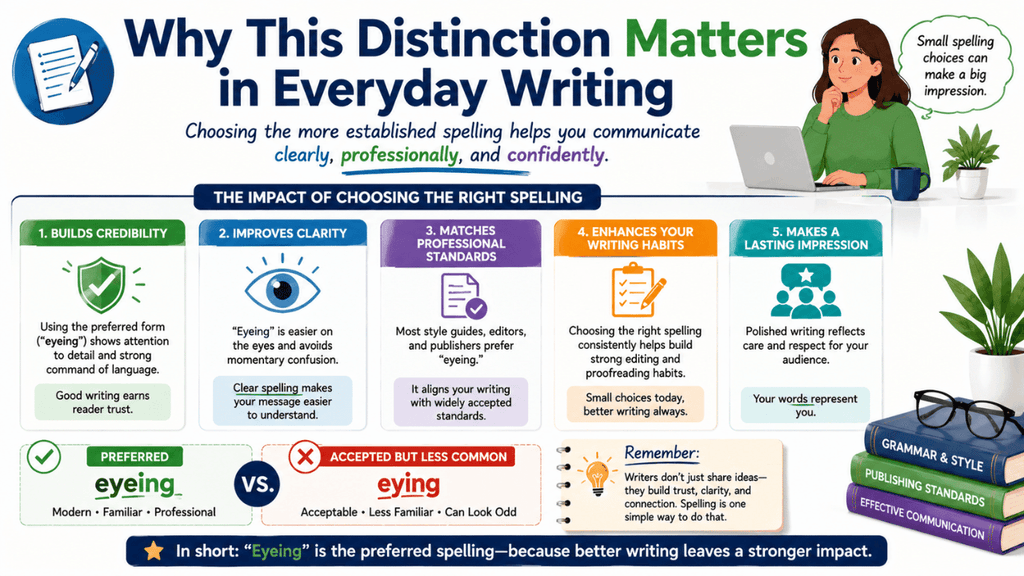 Why spelling distinction matters in everyday writing, showing how using “eyeing” can improve clarity, credibility, and professional communication.