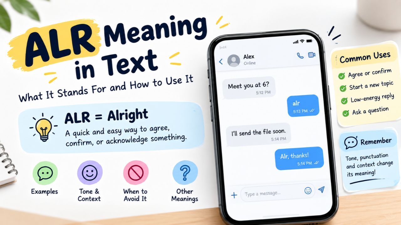 ALR meaning in text infographic explaining that ALR stands for “alright,” with examples of its use, tone, context, and common texting situations.