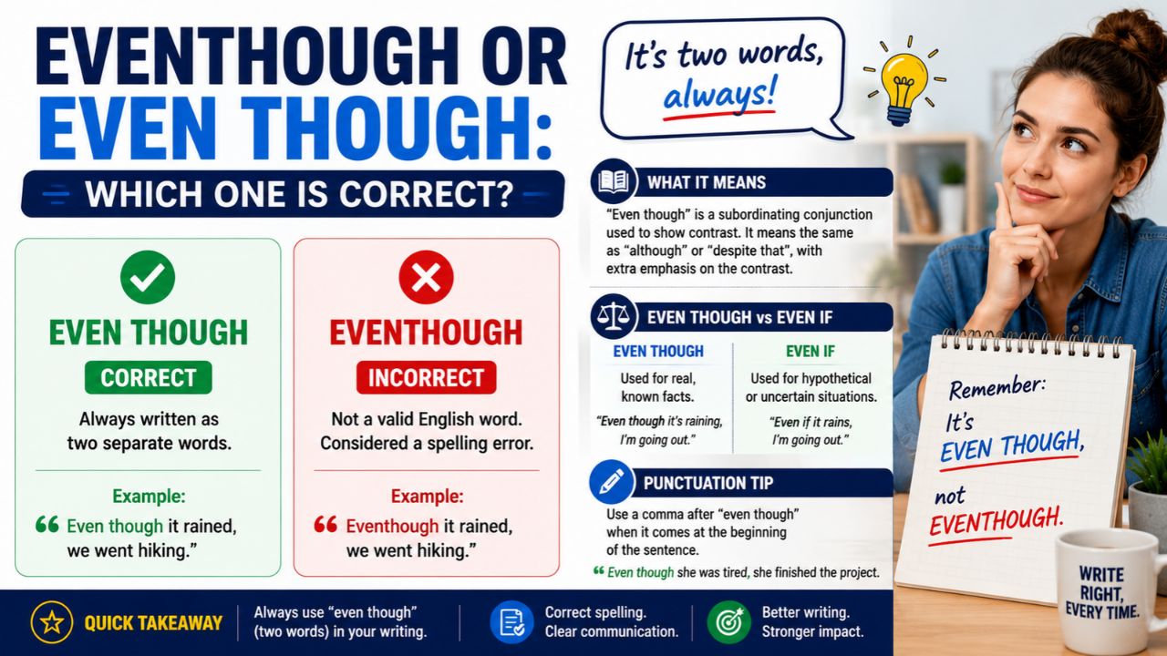 Eventhough or even though spelling comparison showing ‘even though’ as correct, ‘eventhough’ as incorrect, with examples and grammar tips.