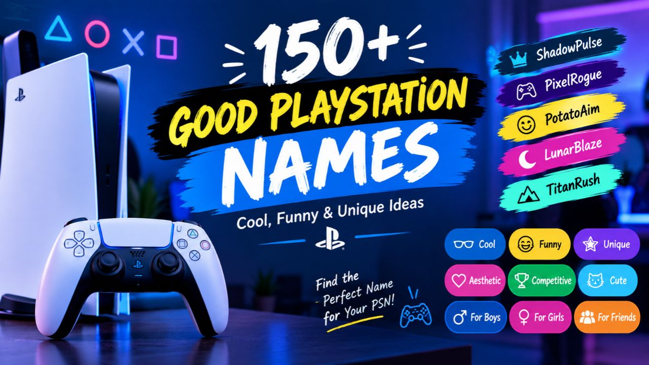 150+ good PlayStation names feature image showing a PS5 console and controller with cool, funny, unique, aesthetic, and competitive gaming name ideas.