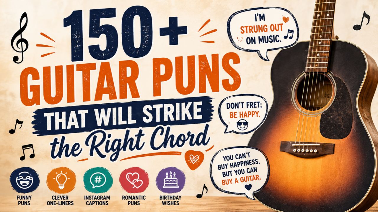 150+ guitar puns feature image with an acoustic guitar, funny music quotes, clever one-liners, romantic puns, Instagram captions, and birthday wishes.