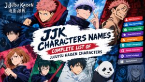 JJK characters names feature image showcasing Yuji Itadori, Satoru Gojo, Ryomen Sukuna, Megumi Fushiguro, Nobara Kugisaki, Yuta Okkotsu, Maki Zenin, and Panda from Jujutsu Kaisen.