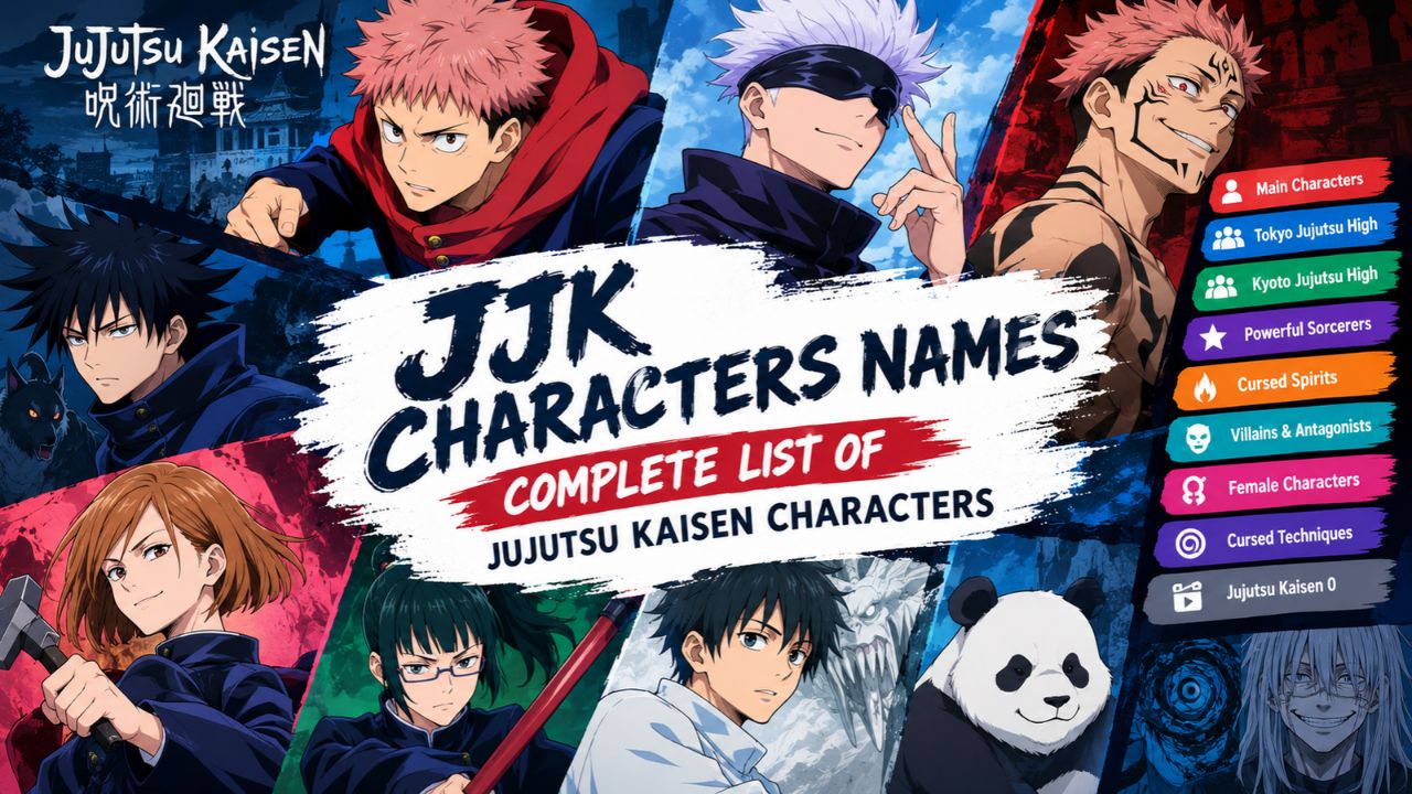JJK characters names feature image showcasing Yuji Itadori, Satoru Gojo, Ryomen Sukuna, Megumi Fushiguro, Nobara Kugisaki, Yuta Okkotsu, Maki Zenin, and Panda from Jujutsu Kaisen.
