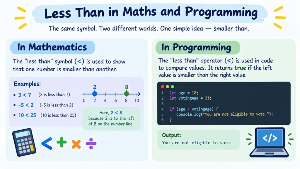 Less than in maths and programming infographic explaining the less-than symbol.