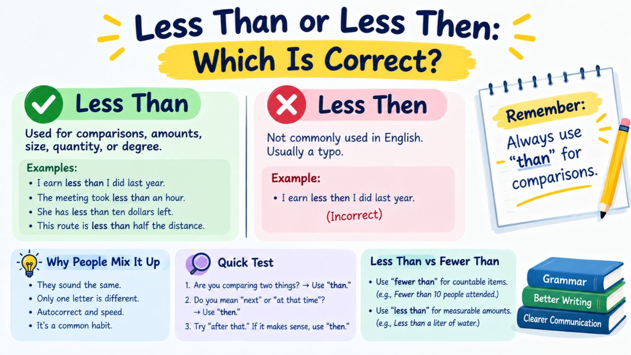 Less than or less then comparison infographic explaining the correct spelling, meanings, usage examples, and differences between “than” and “then.”