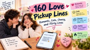 160 love pickup lines featuring romantic, cute, cheesy, funny, and flirty ideas for texting, dating apps, and making your crush smile.