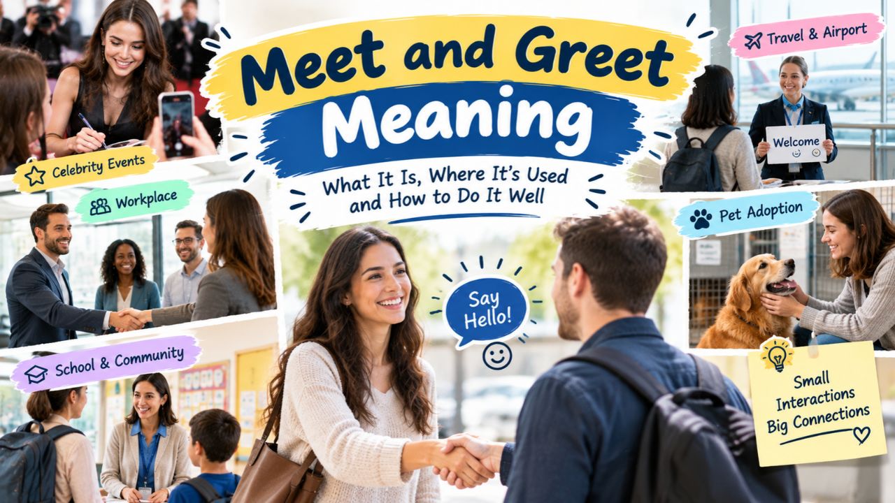 Meet and greet meaning infographic showing friendly introductions at celebrity events, workplaces, schools, airports, and pet adoption gatherings.