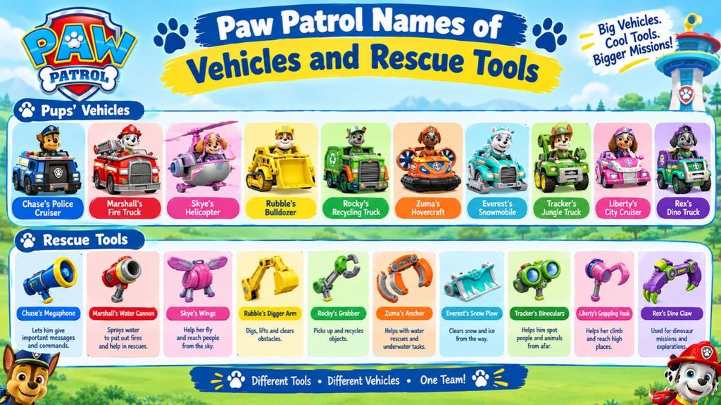 Paw Patrol Names of vehicles and rescue tools