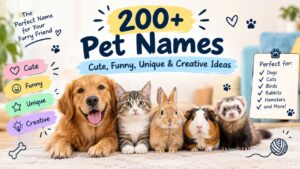 200+ pet names infographic featuring a dog, cat, rabbit, guinea pig, and ferret, with cute, funny, unique, and creative naming ideas for pets.