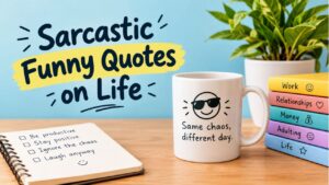 Sarcastic funny quotes on life featuring a humorous coffee mug, colorful books, and a playful desk setup.