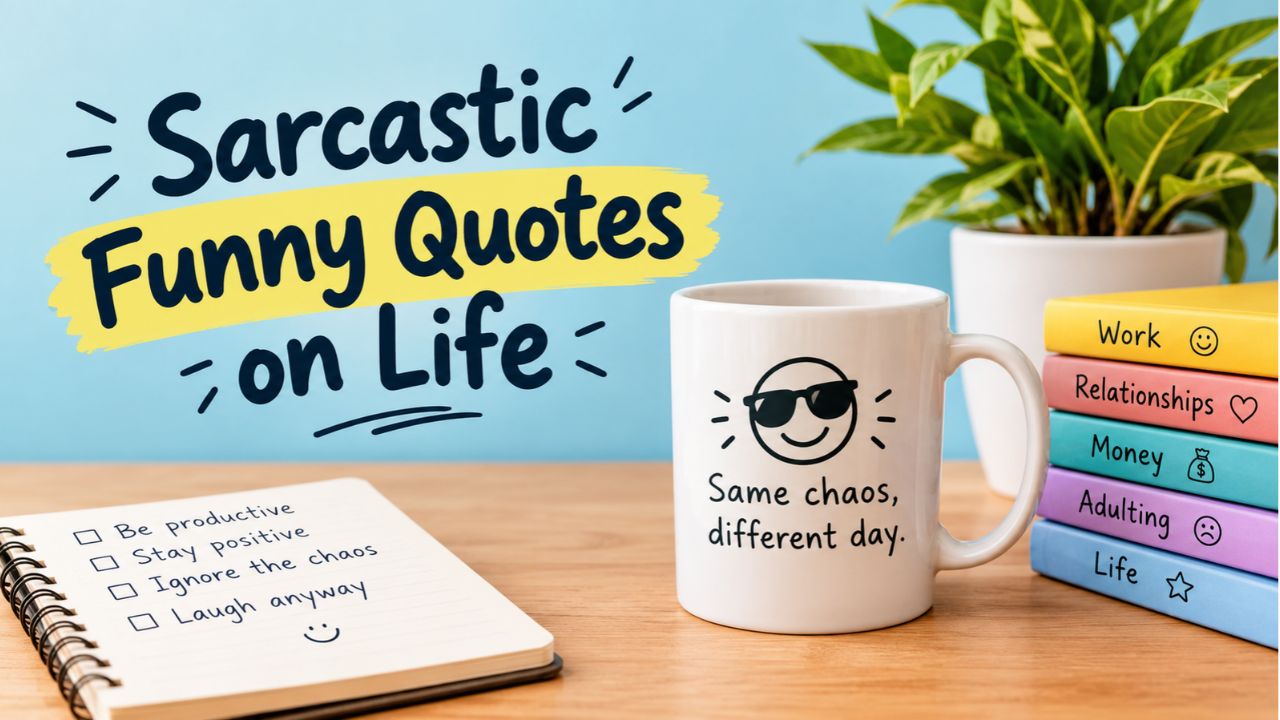 Sarcastic funny quotes on life featuring a humorous coffee mug, colorful books, and a playful desk setup.