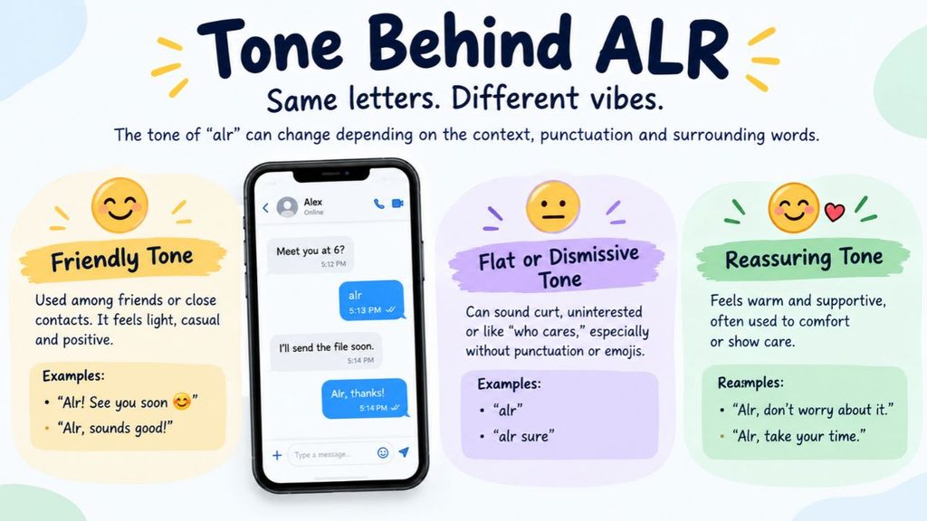 Tone behind ALR infographic showing how “alr” can sound friendly, flat or dismissive, and reassuring depending on context, punctuation, and surrounding words.