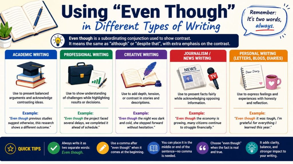 Using even though in different types of writing, with examples for academic, professional, creative, journalism, and personal writing.