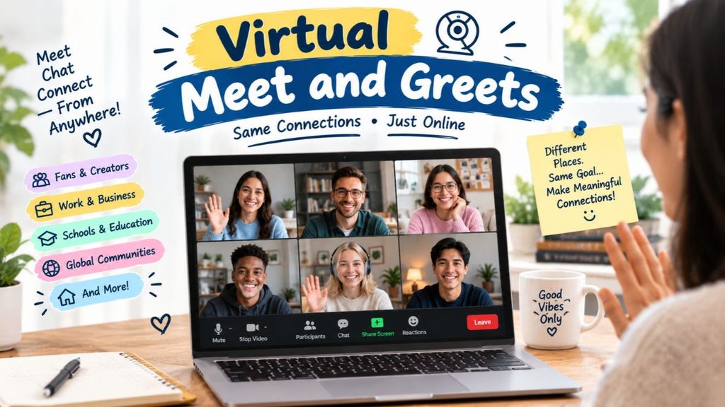 Virtual meet and greets infographic showing people connecting through a laptop video call for work, education, fan events, and online communities.