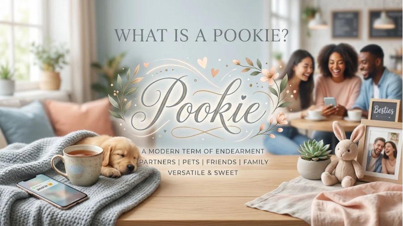 Soft lifestyle banner image with the text 'What Is a Pookie?' featuring a cozy room, a puppy resting by a warm drink, and friends chatting in the background.